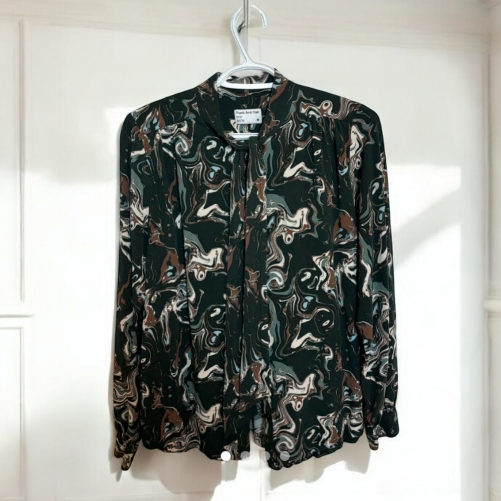 Frank & Oak Green Marble-Print Tie-Neck Blouse - Picture 2 of 5